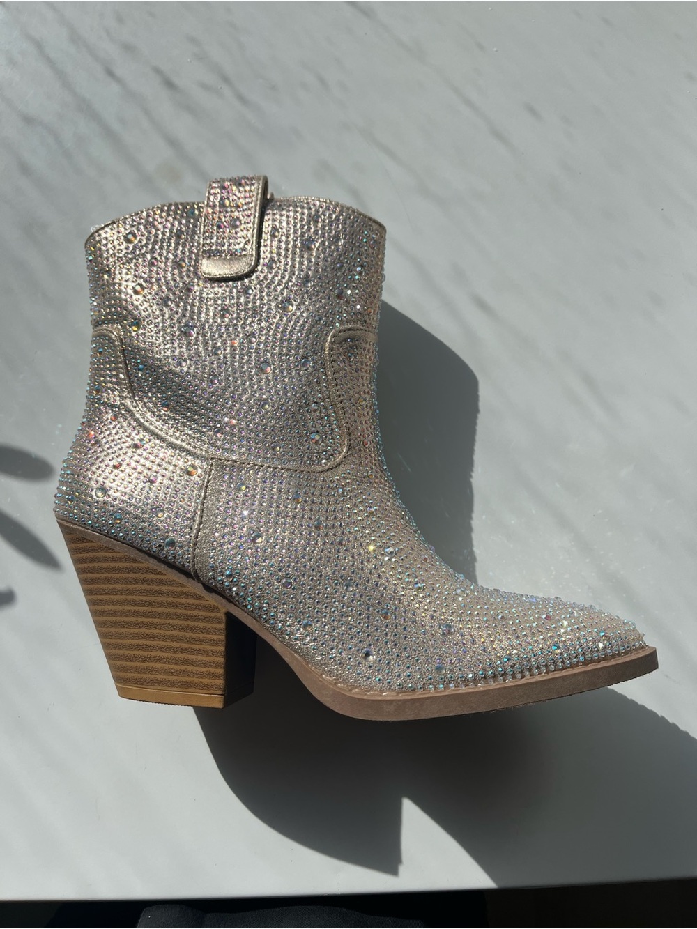 Rhinestone champagne colored cowboy ankle boots